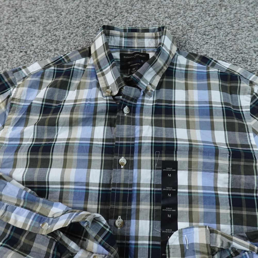 NEW Banana‎ Republic Shirt Mens M Blue Plaid Untucked Organic Cotton Button Up